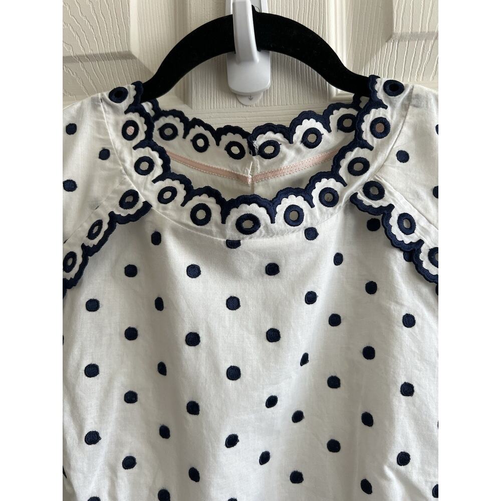 BODEN Kimberly Navy White Polka Dot Embroidered Scallop Trim Midi Dress Sz 6R - Picture 4 of 14